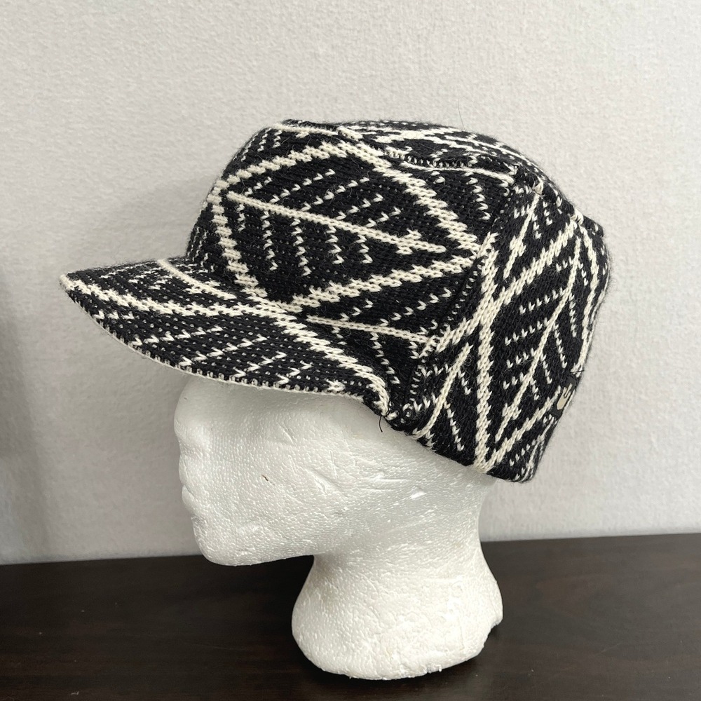 Goorin Bros 100% Wool Knit Cadet Cap Black White Geometric Leaf Pattern One Size